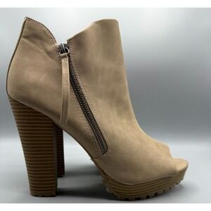 Report Open Toe Bootie Block Heel Beige Tan Women's 9.5 Side Zipper
